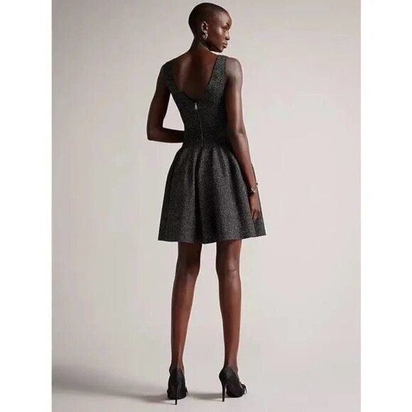 TED BAKER London Glitzia Square Neck Sleeveless Metallic Skater Dress in Black - Picture 13 of 13